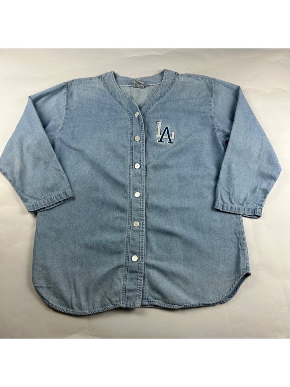 Bridge Sports Wear Vintage Light Wash Denim Chambray LA Dodgers Jersey L